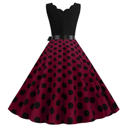 Women Retro Summer Dresses 50s 60s Sleeveless V-neck Polka Dot Bow Ball Grown Party Sundress Robe Vestidos