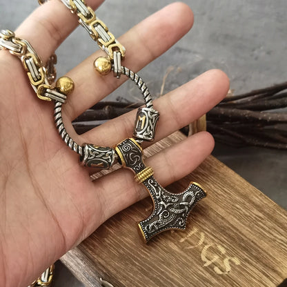 Stainless Steel king chain with rune beads and thor's hammer mjolnir viking necklace  with wooden box as boyfriend gift