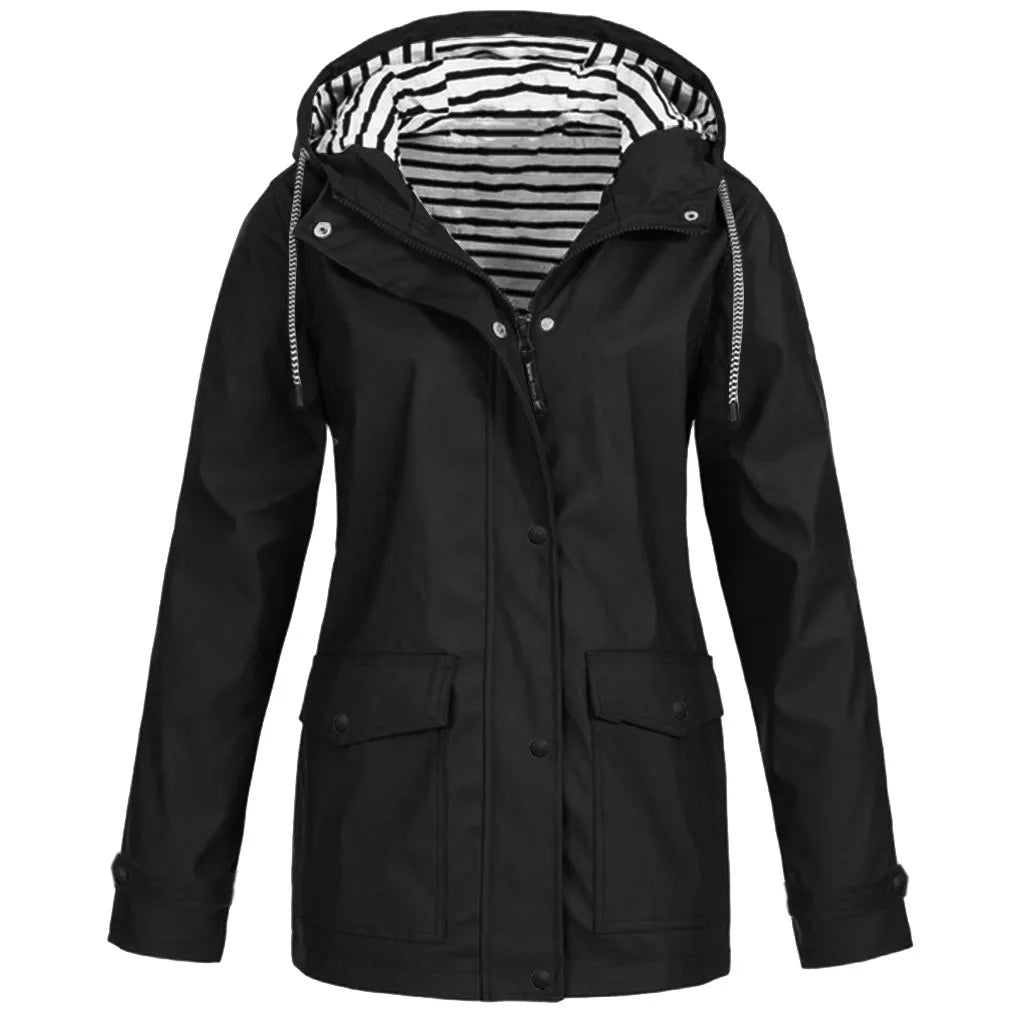 Women Solid Rain Jacket Outdoor Plus Size Waterproof Hooded Raincoat Windproof New Warm Jacket Windproof Outdoor Chaqueta