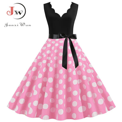 Women Retro Summer Dresses 50s 60s Sleeveless V-neck Polka Dot Bow Ball Grown Party Sundress Robe Vestidos