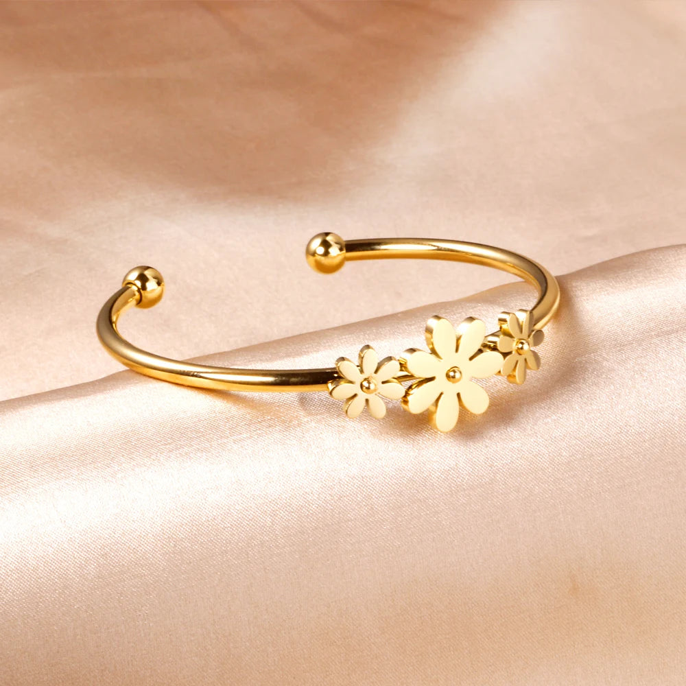 LUXUSTEEL Gold Color Flower Plant  pulseira Mujer Daily Wear Stainless Steel Steel Ball Cuff Bracelets Fashion Jewelry