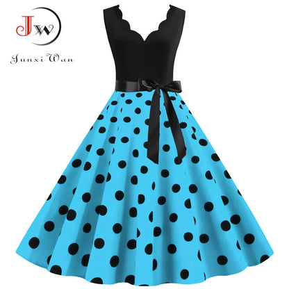 Women Retro Summer Dresses 50s 60s Sleeveless V-neck Polka Dot Bow Ball Grown Party Sundress Robe Vestidos