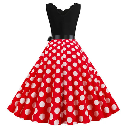 Women Retro Summer Dresses 50s 60s Sleeveless V-neck Polka Dot Bow Ball Grown Party Sundress Robe Vestidos