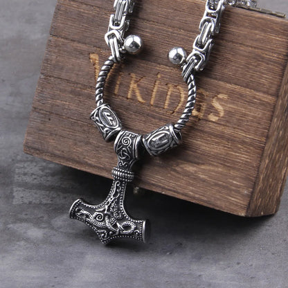 Stainless Steel king chain with rune beads and thor's hammer mjolnir viking necklace  with wooden box as boyfriend gift