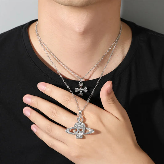 Gothic Halloween Necklace Inlaid Rhinestone Skull Saturn Pendant Double Chain Necklace Trend Men's and Women's Jewelry Gifts