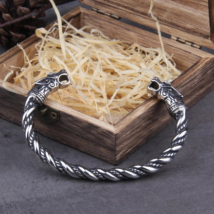 Stainless Steel Nordic Viking Norse Dragon Bracelet Men Wristband Cuff Bracelets with Viking Wooden Box