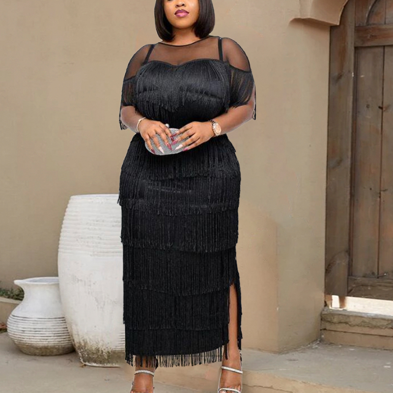 Women Black Plus Size Dress Patchwork Mesh See Through Party Celebrate Event Tight Summer Bodycon Sexy Prom Occasion Robes New