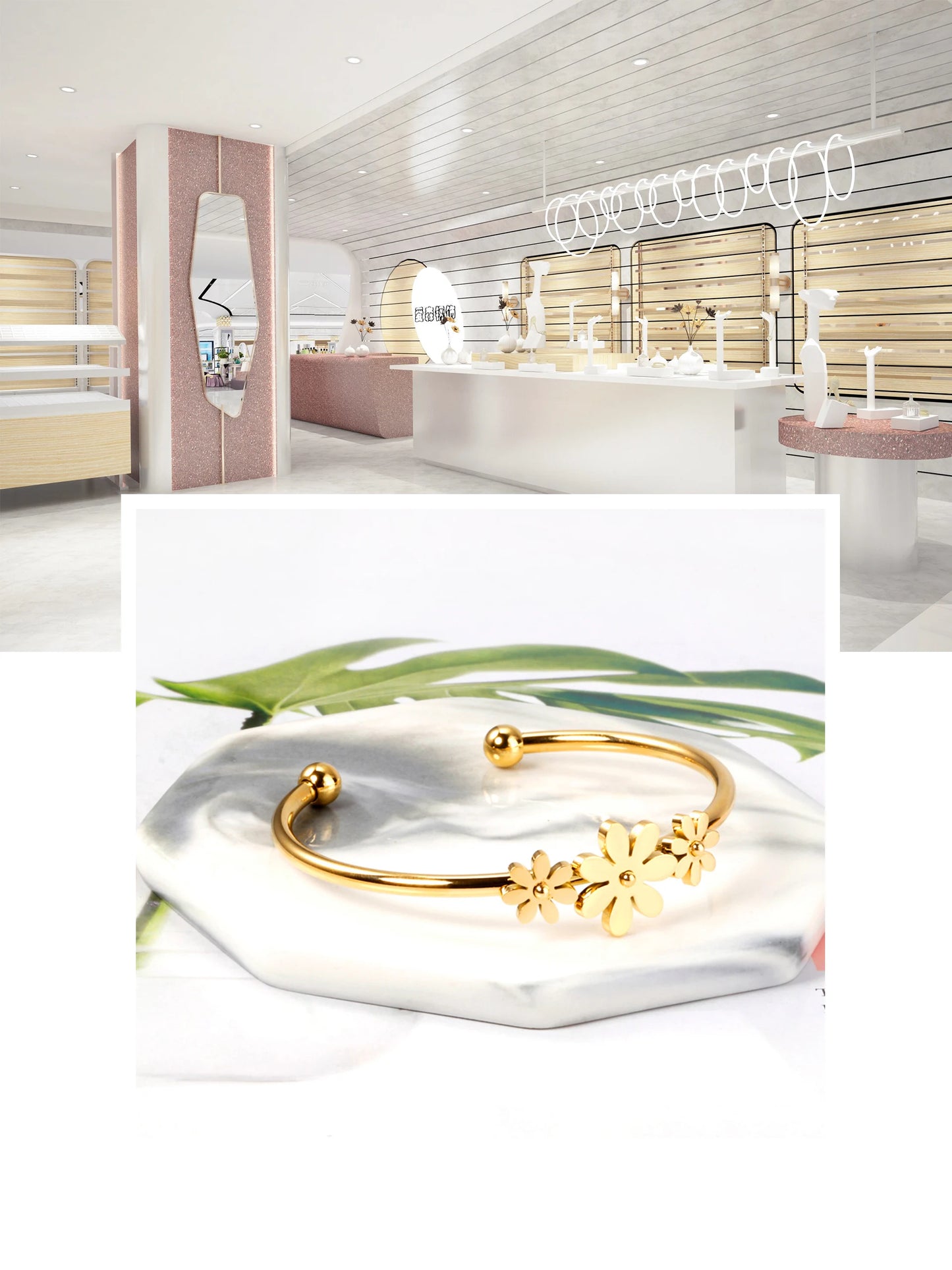 LUXUSTEEL Gold Color Flower Plant  pulseira Mujer Daily Wear Stainless Steel Steel Ball Cuff Bracelets Fashion Jewelry