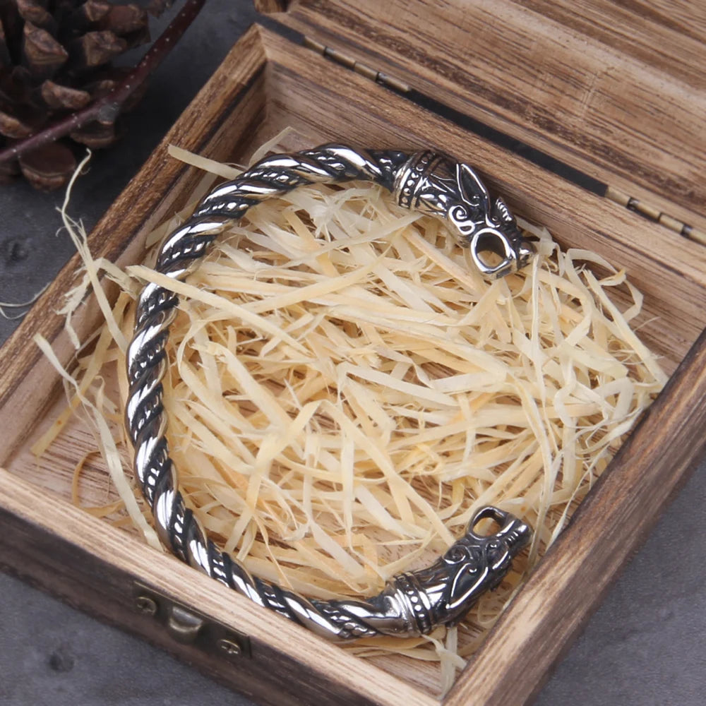 Stainless Steel Nordic Viking Norse Dragon Bracelet Men Wristband Cuff Bracelets with Viking Wooden Box