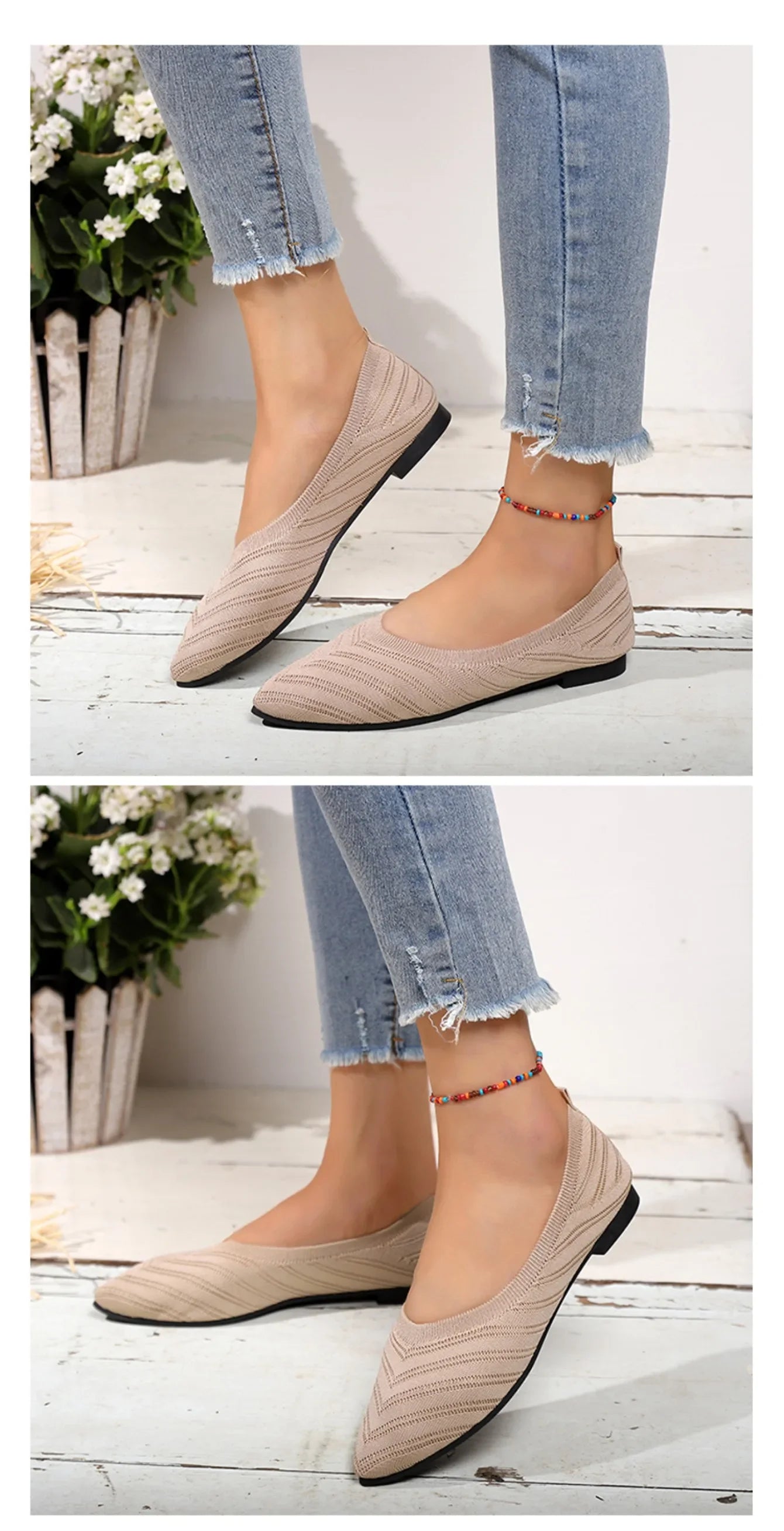 Women's Pointed Toe Flat Shoes Solid Color Knitted Slip on Shoes Casual Breathable Ballet Flats Women Flat Shoes  Loafers Women