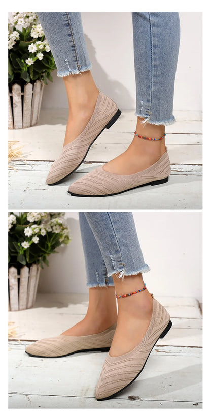 Women's Pointed Toe Flat Shoes Solid Color Knitted Slip on Shoes Casual Breathable Ballet Flats Women Flat Shoes  Loafers Women