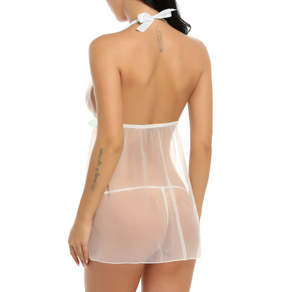 Plus Size Lace Mesh Night Dress with Panties Sexy Lingerie Women Nightgowns Exotic Costumes Halter Nighties Sheer Mesh Sleepwear