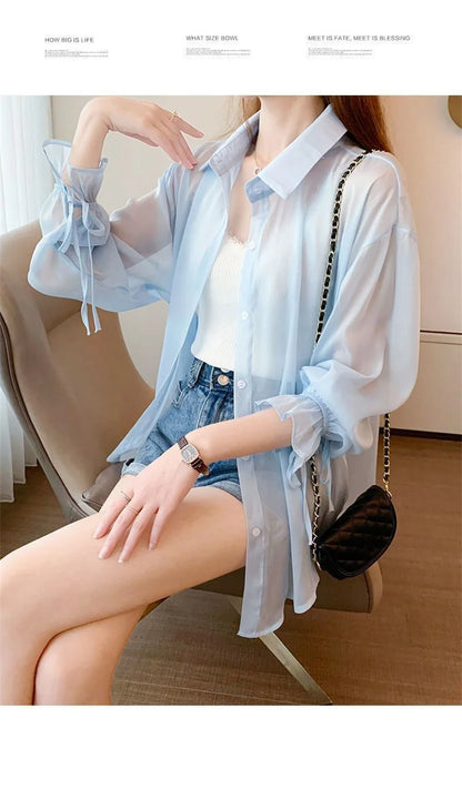 Chiffon Women Thin Shirts Summer Perspective Solid Korean Sun Shirt Long Sleeve Fashion Korean Ladies Top New Sunscreen Clothing