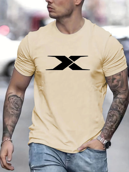 Summer men's 100% cotton casual loose fit large X letter print round neck short sleeved T-shirt top High Street Unisex style