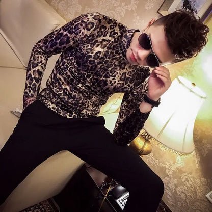 Fashion Men's Autumn Winter Luxury Clothing Heat Keep Warm Casual T-Shirt Mock Neck Tops Stripe Long Sleeve Gold Velvet T-Shirts