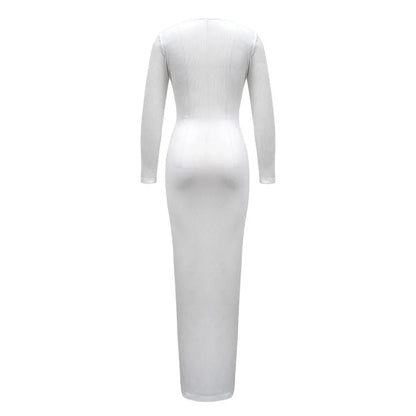 Trendy Solid Color Slim Long Dresses Women Sexy Deep V-neck Hollow Out Leace-up Package Hip Bodycon Party Dress Female Vestidos