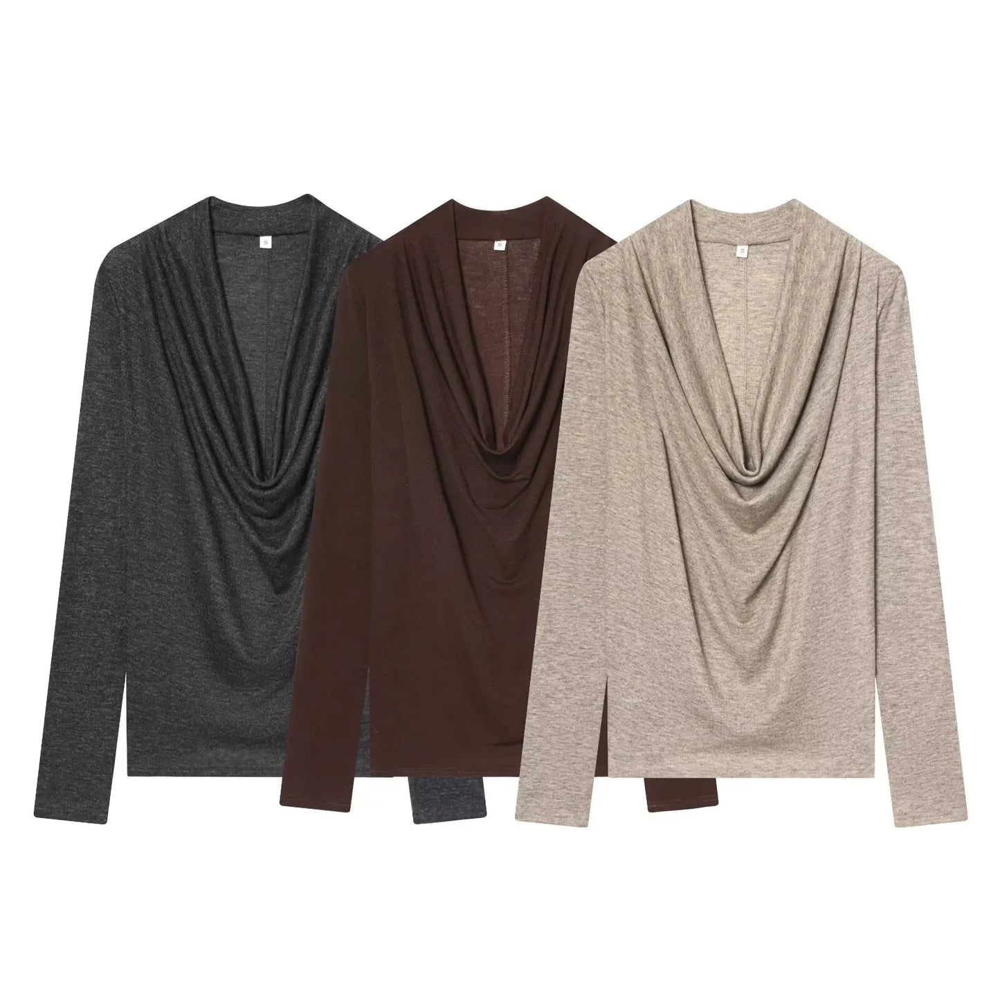 BSAY Knitted T-shirt Women Fashion Autumn Winter Tee Pullover Top Chic Female Long Sleeved draped neckline T-Shirts Mjuer
