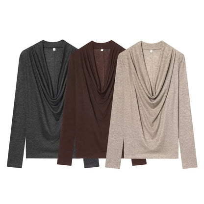 BSAY Knitted T-shirt Women Fashion Autumn Winter Tee Pullover Top Chic Female Long Sleeved draped neckline T-Shirts Mjuer