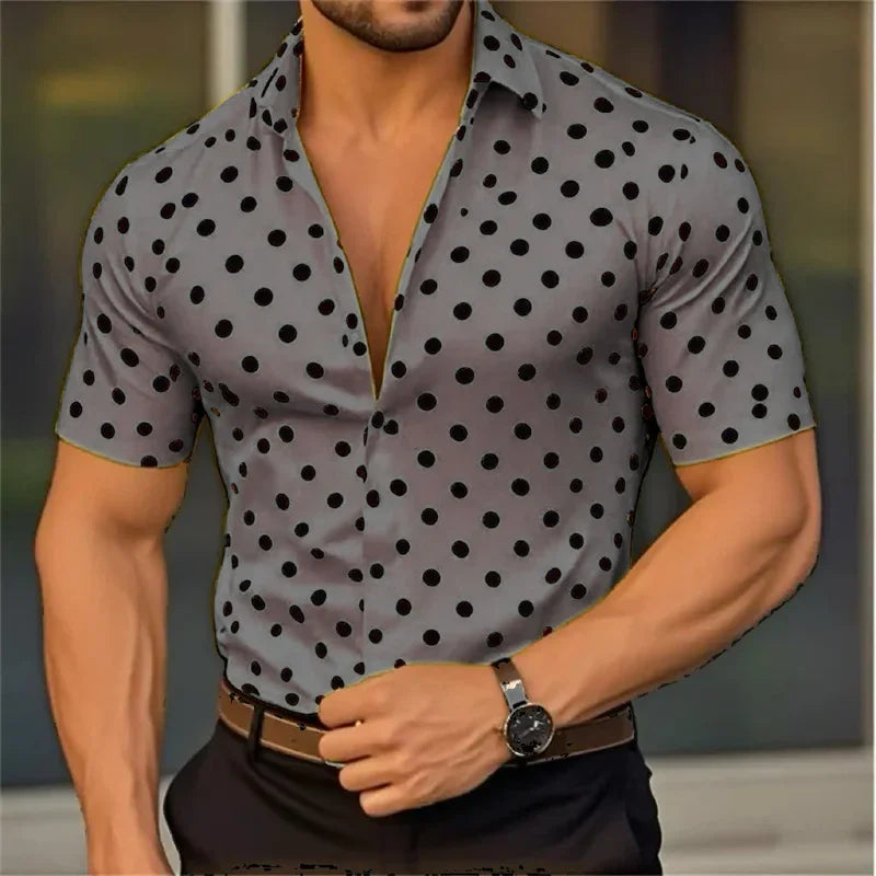 New Men's Short Sleeve Button Shirt Polka Dot Lapel Fashion Design Casual Lightweight Breathable Comfortable Outdoor Men Clothes