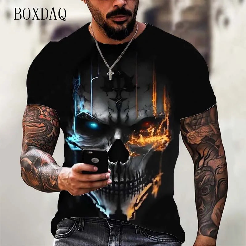 Fashion Trend Skull Pattern Men's T-Shirts 6XL Plus Size Short Sleeve Street Gothic Horror Skeleton Male Tops O-Neck Casual Tee