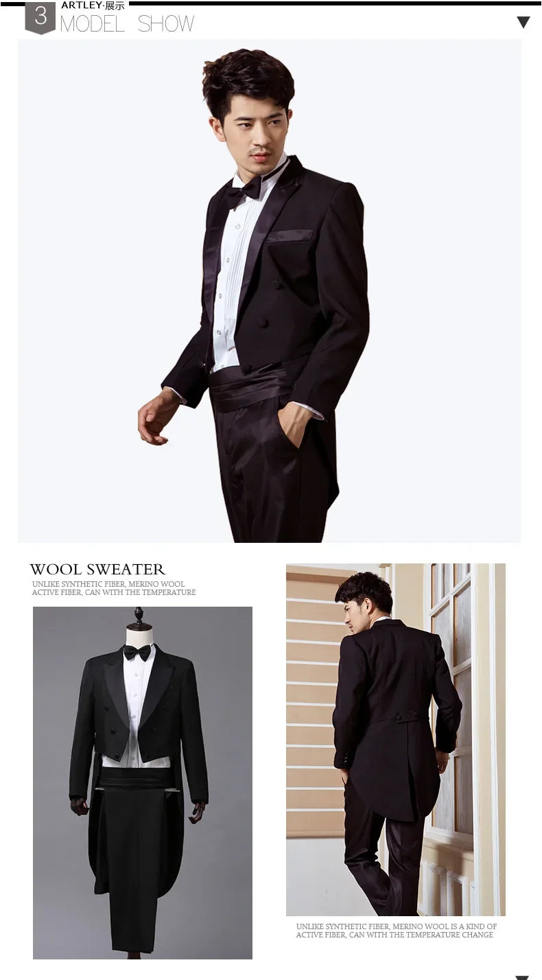 Men's Tuxedo Costume Vintage Formal Tailcoat Slim Fit Peak Lapel Suit Tux Pants Tail Coat Singer Magician Stage Jacket Outfits