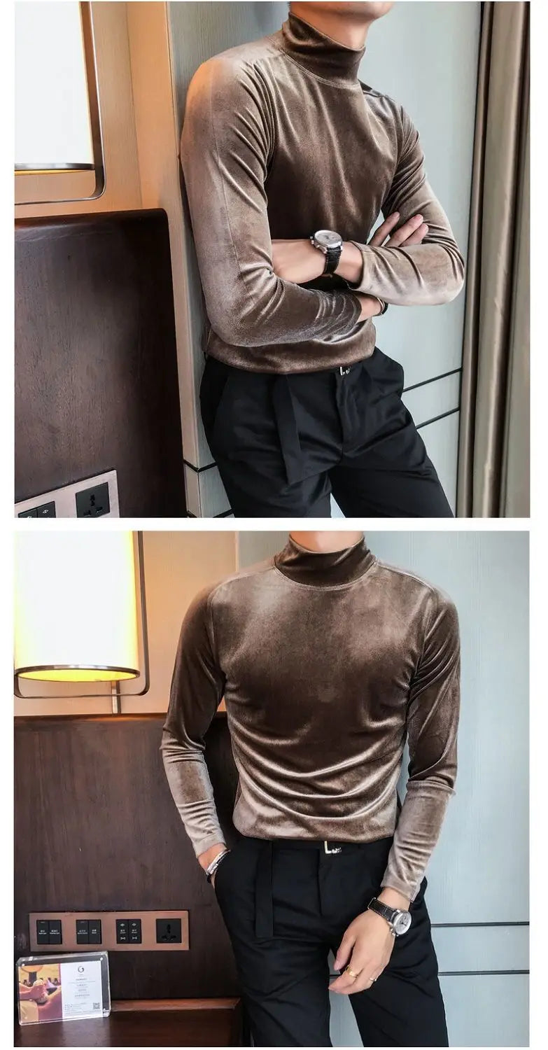 Fashion Men's Autumn Winter Luxury Clothing Heat Keep Warm Casual T-Shirt Mock Neck Tops Stripe Long Sleeve Gold Velvet T-Shirts