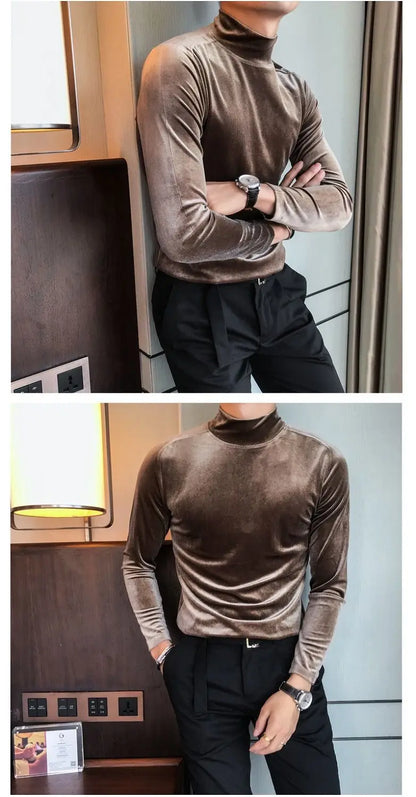 Fashion Men's Autumn Winter Luxury Clothing Heat Keep Warm Casual T-Shirt Mock Neck Tops Stripe Long Sleeve Gold Velvet T-Shirts