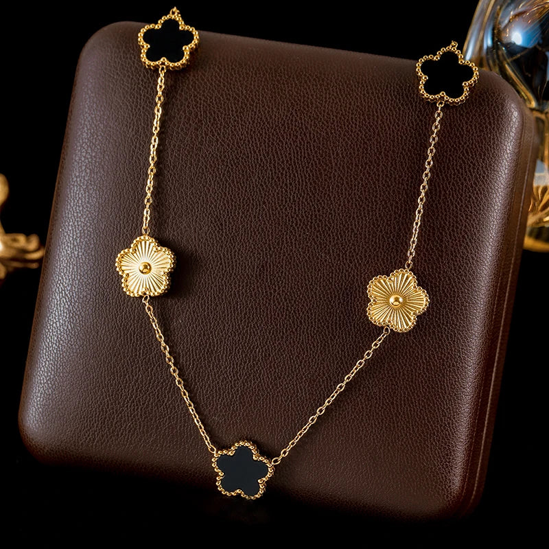 Stainless Steel White Plum Blossom Plant Leaf Flower Set Reversible Necklace Earrings Bracelet Women Clover Jewelry