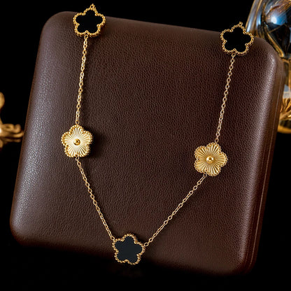 Stainless Steel White Plum Blossom Plant Leaf Flower Set Reversible Necklace Earrings Bracelet Women Clover Jewelry