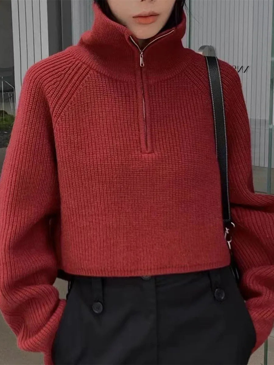 Quarter Zip Knit Sweater Cozy High Collar Long Sleeve Crop Jumper Pullover Women Teenage Girl Fall Winter
