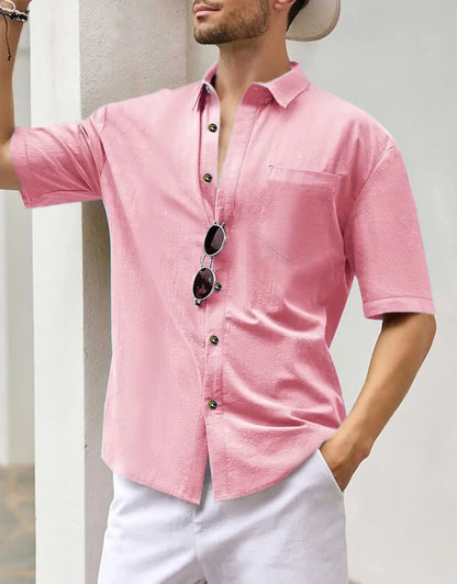 Men's Plus Size Short Sleeve Shirts Cotton Linen Henley Shirts Lightweight Vacation Collar Beach Shirts  Hawaiian T Shirt