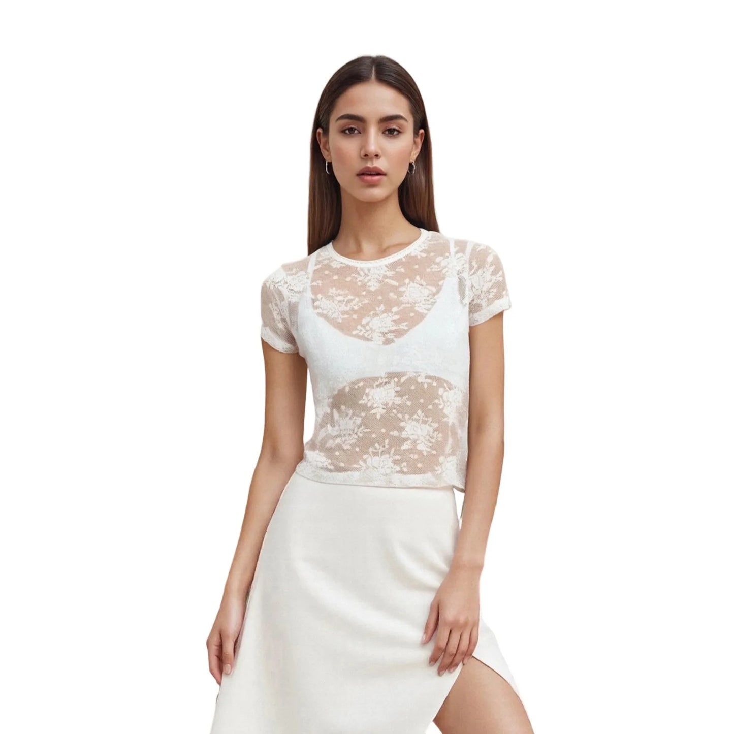 Women s Sexy Lace Crop Tops Short Sleeve Round Neck Sheer Mesh  Fit T-Shirts for Clubwear and Summer Parties