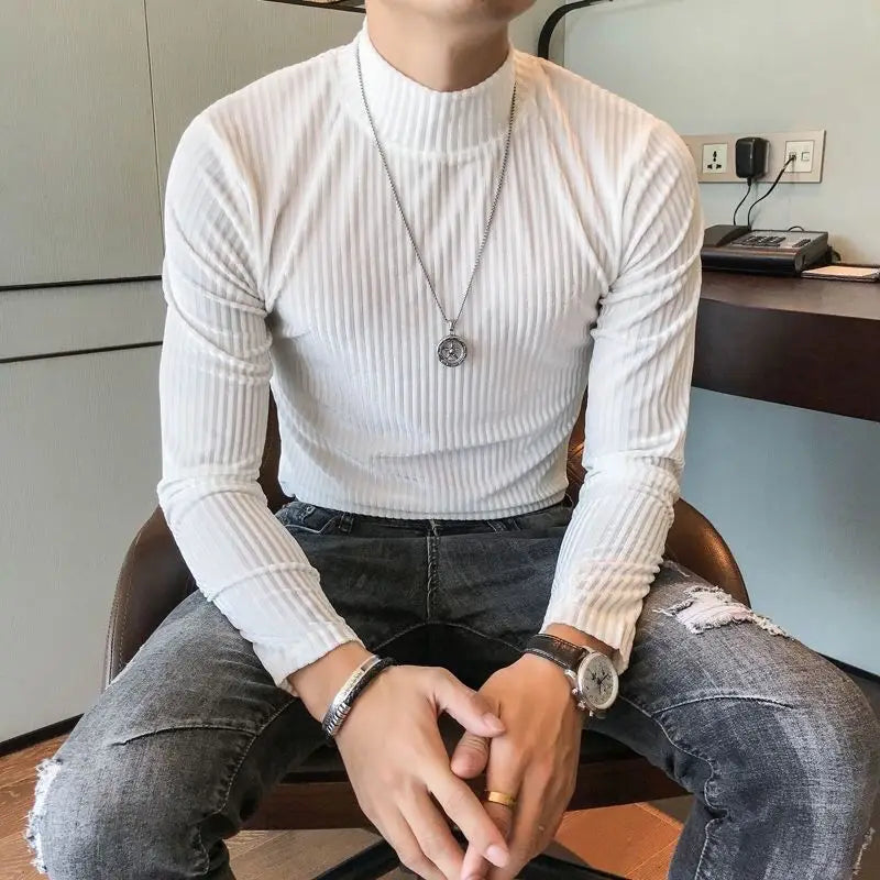 Fashion Men's Autumn Winter Luxury Clothing Heat Keep Warm Casual T-Shirt Mock Neck Tops Stripe Long Sleeve Gold Velvet T-Shirts