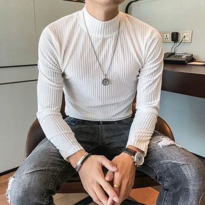 Fashion Men's Autumn Winter Luxury Clothing Heat Keep Warm Casual T-Shirt Mock Neck Tops Stripe Long Sleeve Gold Velvet T-Shirts