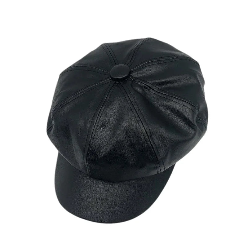 Vintage Style Wool Blend Newsboy Cap with Button Detail and PU Leather Visor for Women - Classic British Beret Hat
