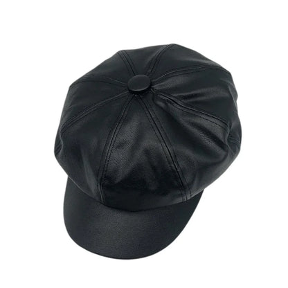 Vintage Style Wool Blend Newsboy Cap with Button Detail and PU Leather Visor for Women - Classic British Beret Hat