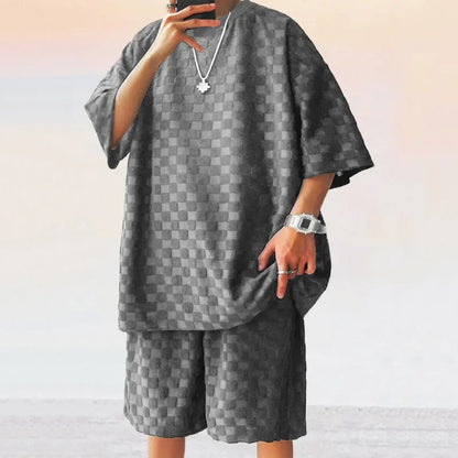 Men's Summer Checkered Loose Two-piece Sports Leisure Suit Short Sleeve T-shirt Shorts Casual Suit Plus Size Fashion Men's Suit
