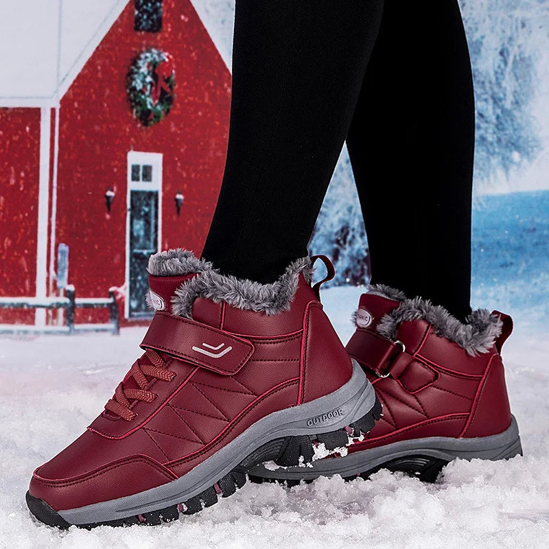 Winter Men Boots Leather Waterproof Outdoor Non-slip Hiking Shoes Unisex Men Women Warm Plush Ankle Boot Big Size 47 48