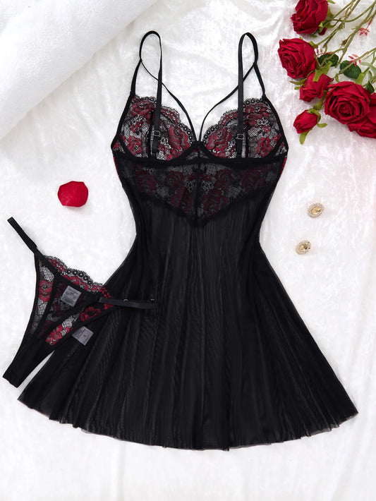 Lady's Sexy Lace Black Strapless Nightgown, Transparent Lace Nightgown, Floral Pattern with Strapless Transparent