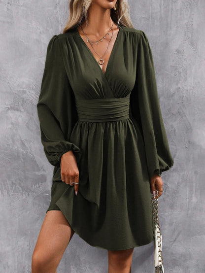 2025 Asymmetric Neck Lantern Sleeve Dress Women Winter Knit Dress with Waist Shirring Bodycon Long Maxi Dress