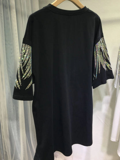 Plus Size Tops Short Sleeve Oversized Graphic Tees for Women Crew Neck Rhinestones T Shirts Loose Fit Sparkling Casual Party