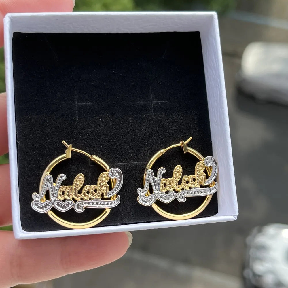DUOYING Custom Name Hoop Earring Personalized 25mm Nameplate Double Color Earring With Heart Jewelry For Kids