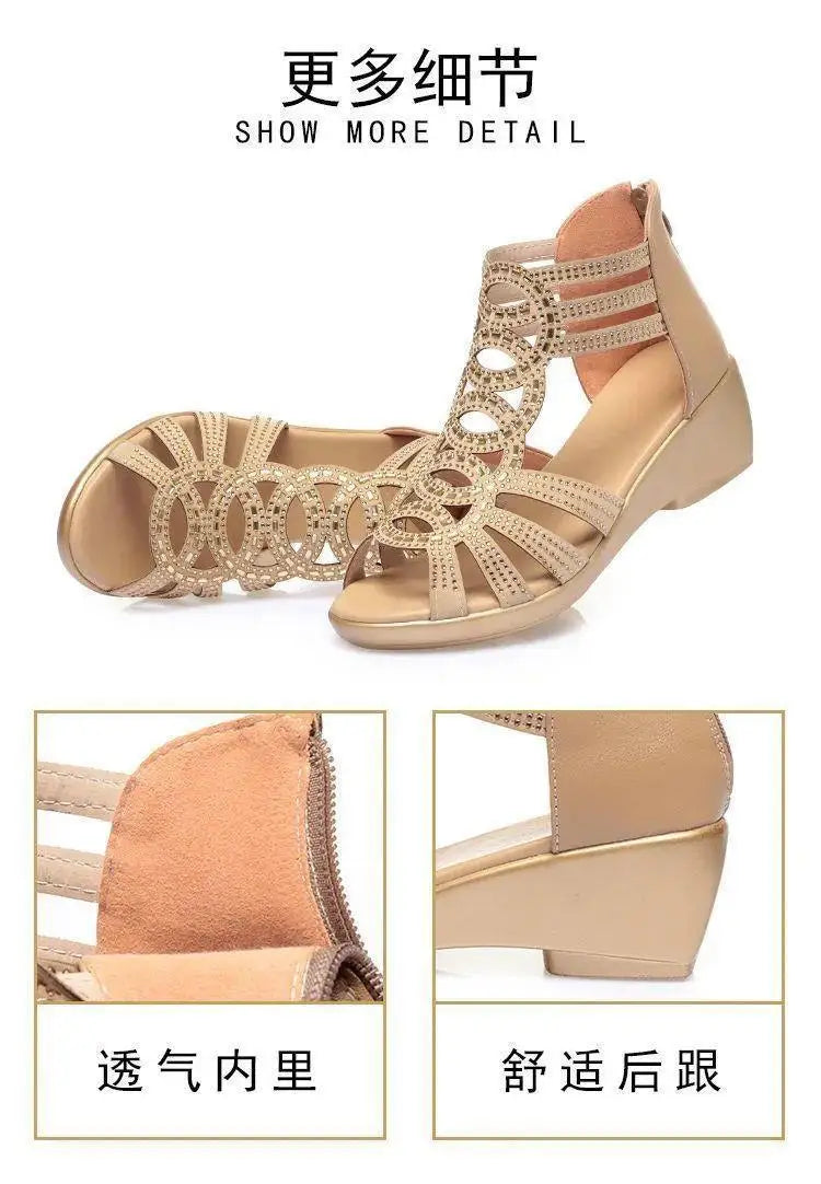 Real Soft Leather Roman Sandals Women's Chunky Heel Mom Shoes Fashion Outerwear Women's Sandals Wedge Women's Shoes 2023