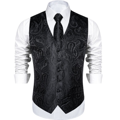 Men's Black Solid Paisley Suit Vest with Necktie Bow Tie Handkerchief Cufflinks Formal Waistcoat for Wedding Prom Tuxedo
