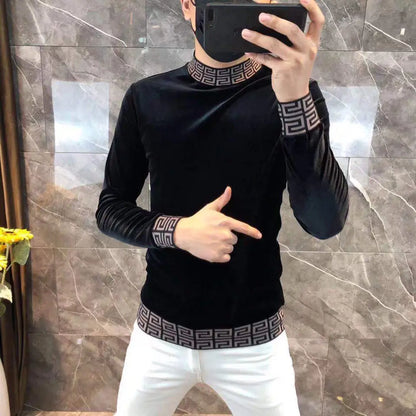 Fashion Men's Autumn Winter Luxury Clothing Heat Keep Warm Casual T-Shirt Mock Neck Tops Stripe Long Sleeve Gold Velvet T-Shirts