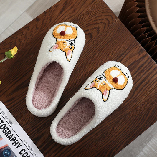 Plush Dog Slippers Cartoon Animal Slippers Anti Slip Slip-on House Shoes Comfortable Funny Corgi Dog Slippers for Indoor Bedroom