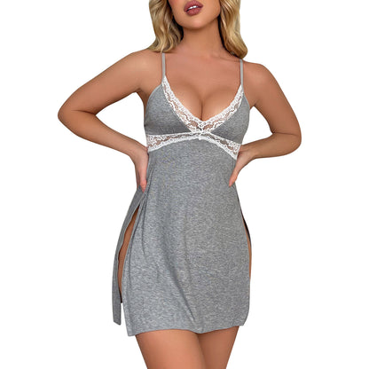 Women Soft Cotton Sexy Pajamas Sling Sleeveless V Neck Sleepwear Full Slip Lace Trim Nightwear Night Dress Women пижама женская