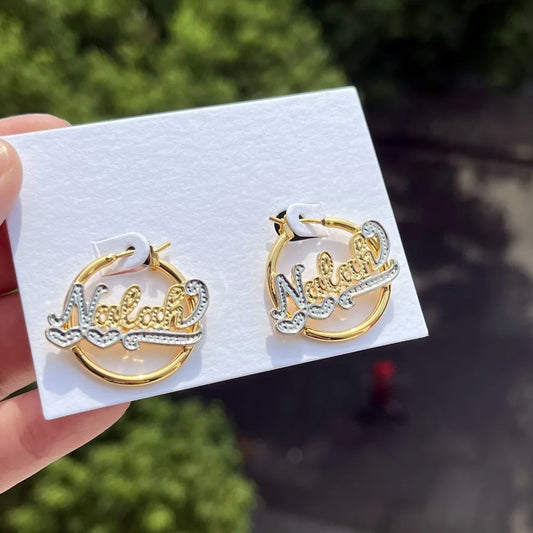 DUOYING Custom Name Hoop Earring Personalized 25mm Nameplate Double Color Earring With Heart Jewelry For Kids
