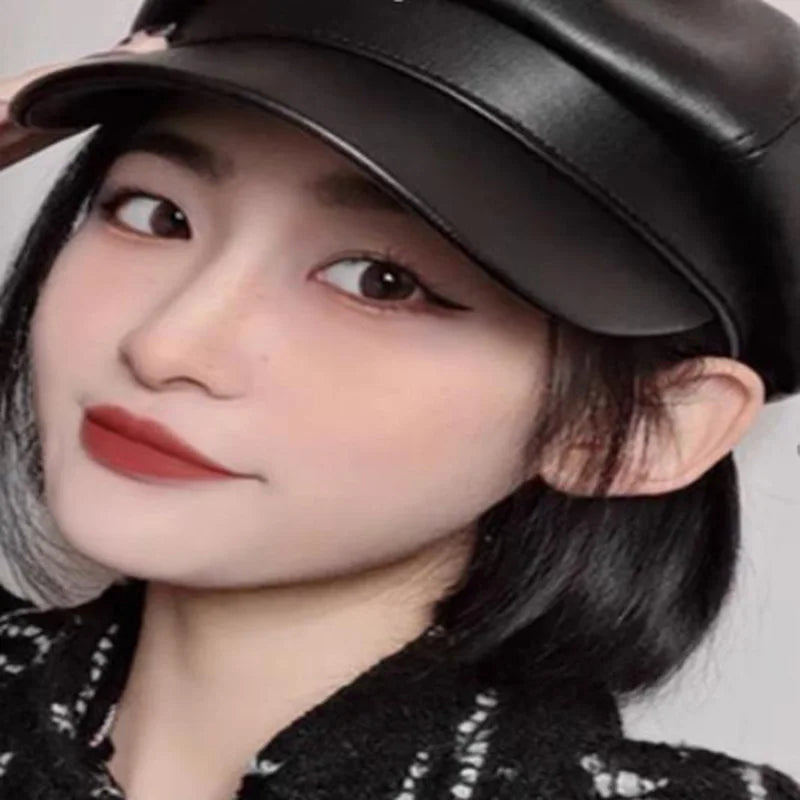 Vintage Style Wool Blend Newsboy Cap with Button Detail and PU Leather Visor for Women - Classic British Beret Hat