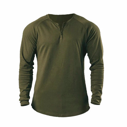 Men Muscle Shirt Long Sleeve T-shirt Solid Vintage Henley Shirts Sports Fitness Casual Cotton Stretch Thin V-neck Tee